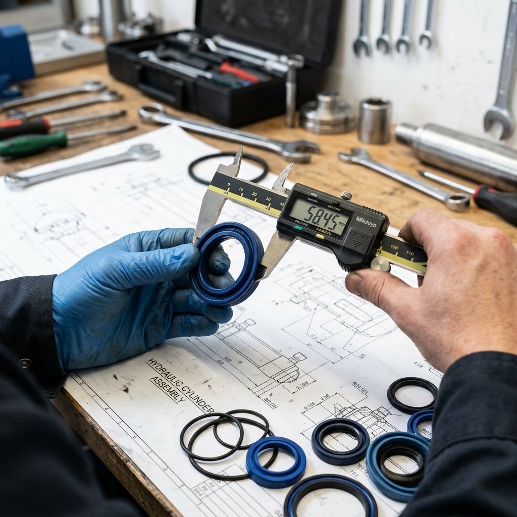 Técnico medindo vedação com paquímetro digital sobre desenhos técnicos de cilindros hidráulicos